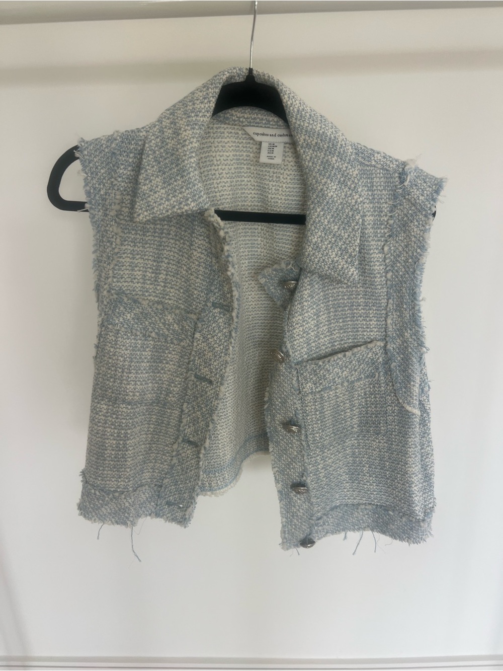 Textured Light Blue Tweed Sleeveless Vest